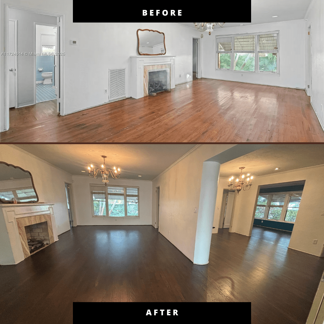 50 years old wood floor refinished and repaired by Florida Hardwood floors in Hollywood,Fl