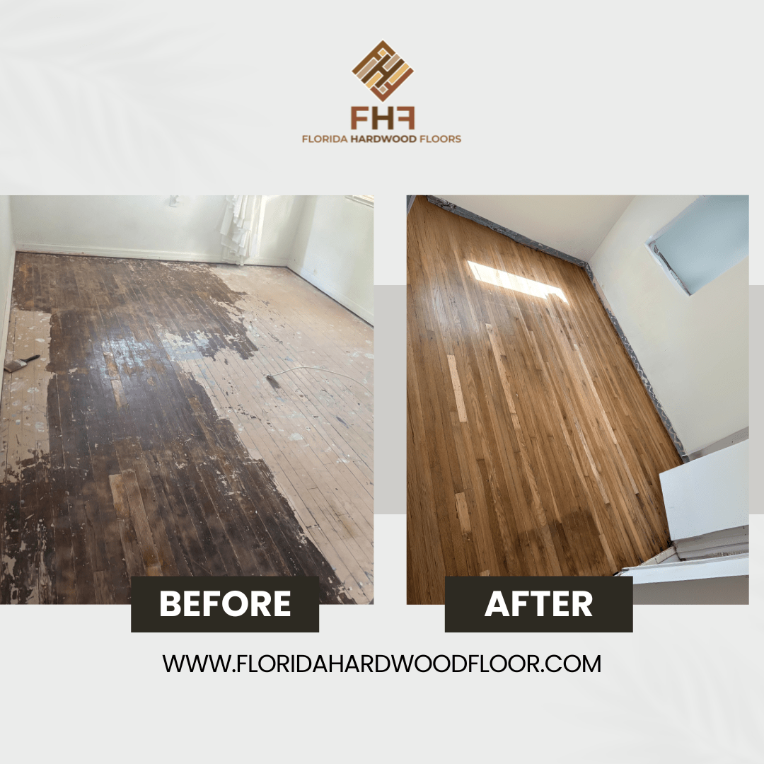 Wood floor refinished before and after in Miami Beach Fl