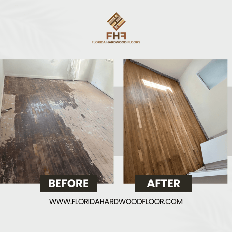 Wood floor refinished before and after in Miami Beach Fl