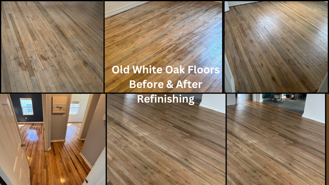 Side-by-side comparison of an old, worn-out red oak hardwood floor and a newly refinished hardwood floor.